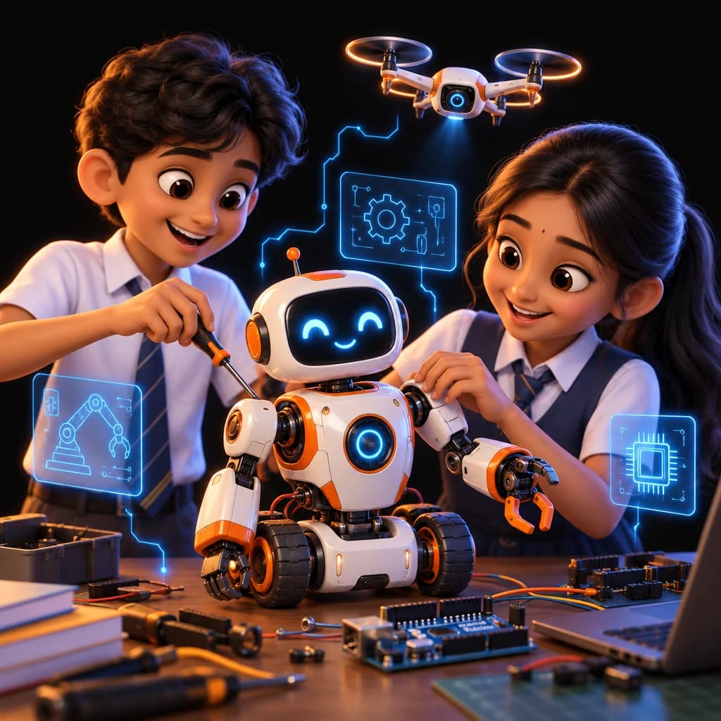 Students building a robot together