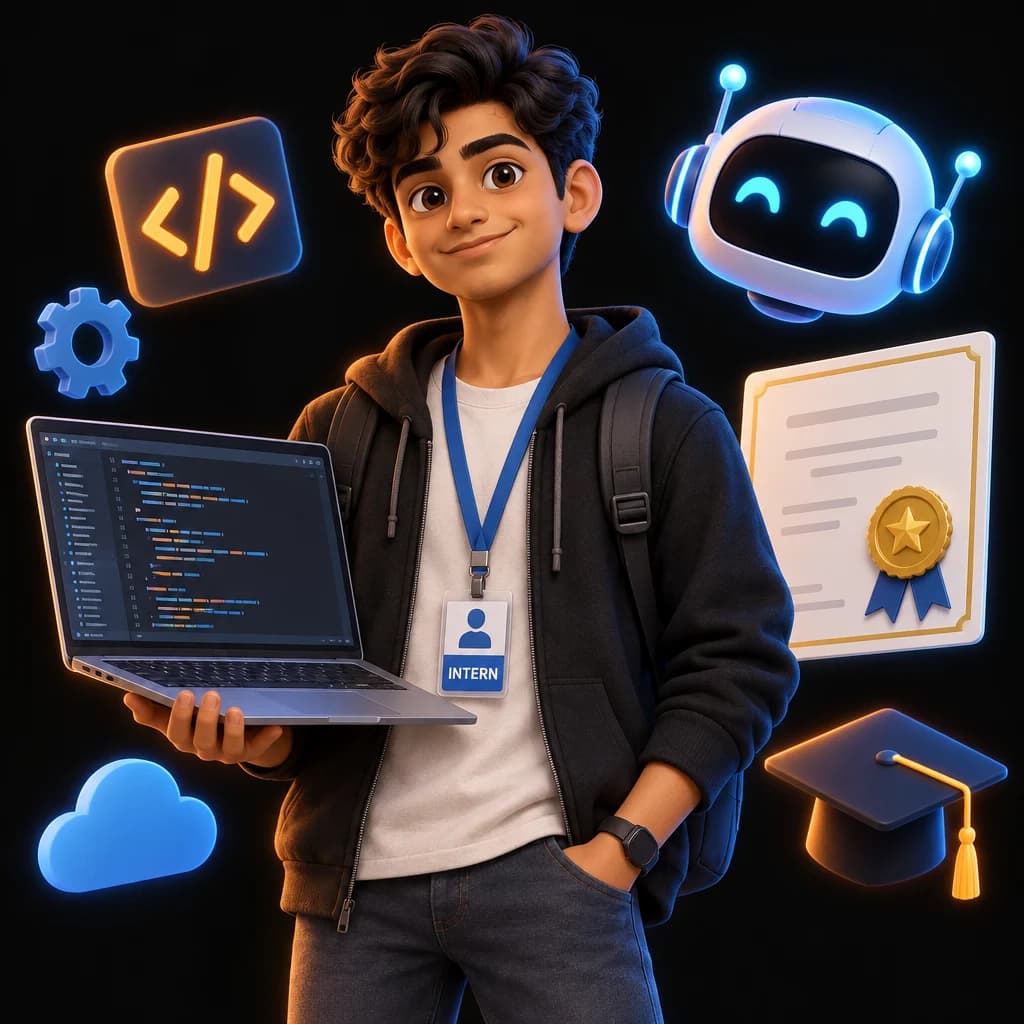 Student intern with laptop and certificate
